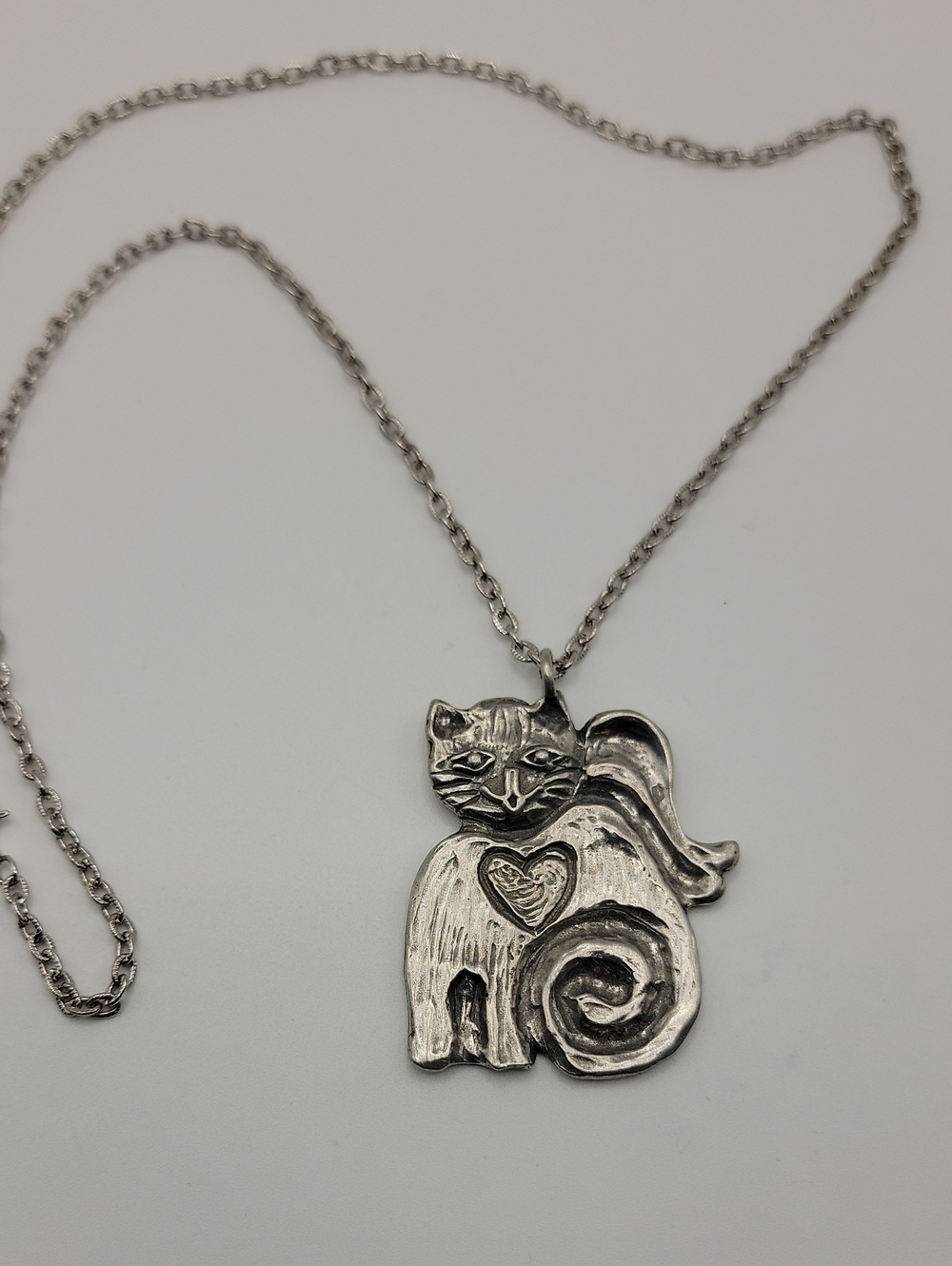 Cat Pendant Necklace With Heart Detail Oxidized Pewter Tone 24" Chain Marcie USA